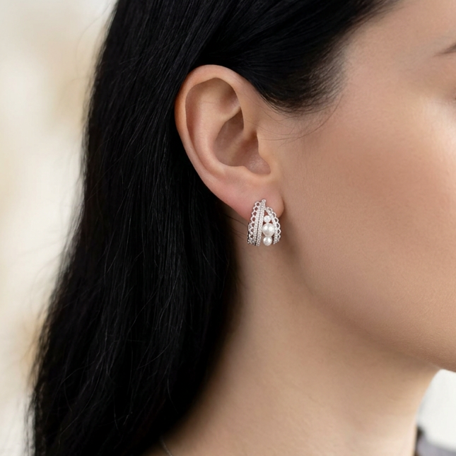 Pearl Silver Lace Earrings
